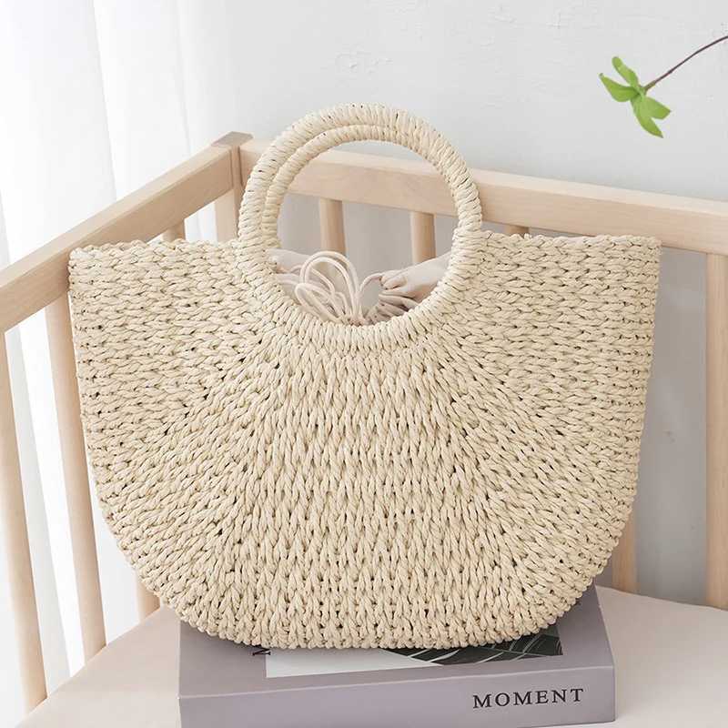 Summer Half-moon Str Bag For Women Handmade Portable Handbag Large Capacity Beach Bag Basket Woven Top-handle Bag Purse Totes Y250213