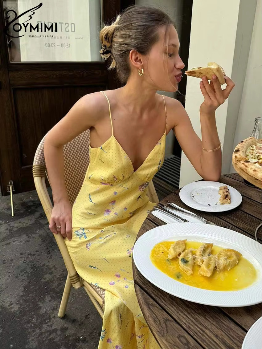 Oymimi Casual Yellow Print Women's Elegant Spaghetti Strap Open Back Dresses Autumn Fashion High Waist Ankle-Length Dress