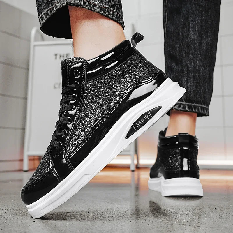 2025 Fashion Gray Mens High Top Shoes Glitter Leather Man Casual Sneakers Streetwear Hip-hop Skateboard Shoes Men Plus Size 250208