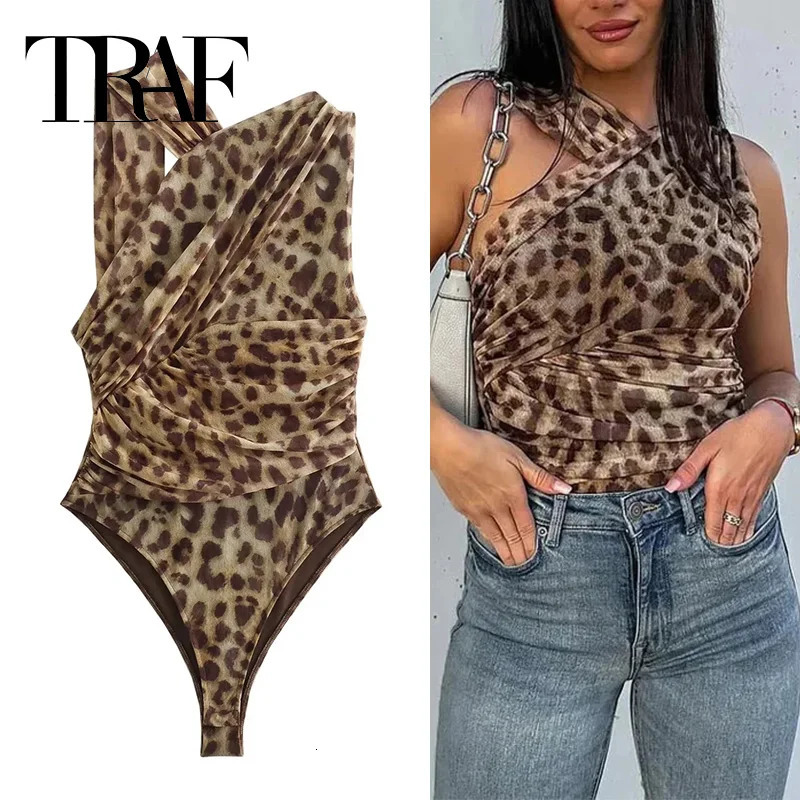 TRAF Leopard Print Mesh Bodysuit Women Off Shoulder Tulle Sexy Woman Bodys Sleeveless Tight Lingerie Summer Tops 250211