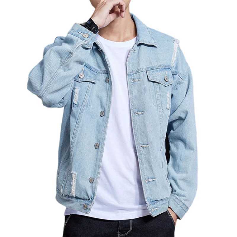 Spring and Autumn New Mens Casual Loose Work Coat Trendy Hole Denim Jacket X250213