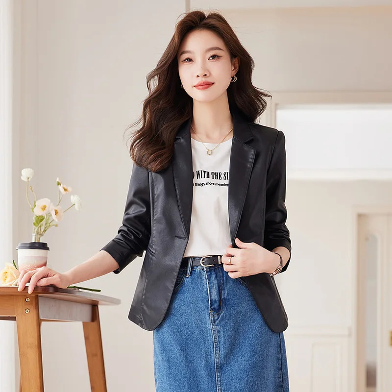 Simple PU Leather Women Blazer and Jackets Autumn Winter Clothes Female Suit Coat Office Ladies Elegant Stylish Outerwear Tops 250213