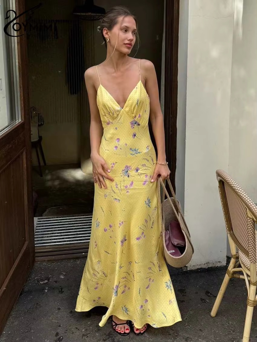 Oymimi Casual Yellow Print Women's Elegant Spaghetti Strap Open Back Dresses Autumn Fashion High Waist Ankle-Length Dress
