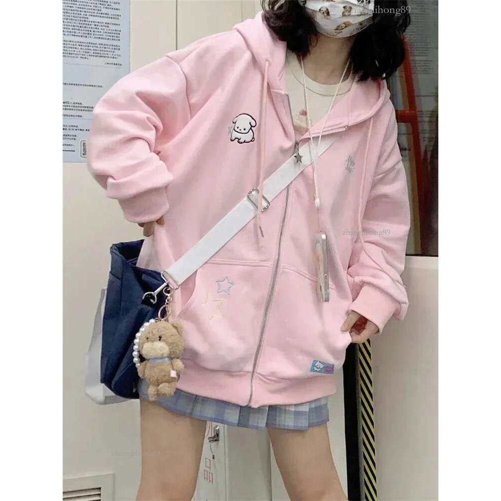 QWEEK Harajuku Kawaii Pink Zipper Hoodie Womens Japanese Y2K Sweet Cute Beige Wool Sweater Korean Girls Jacket 240911