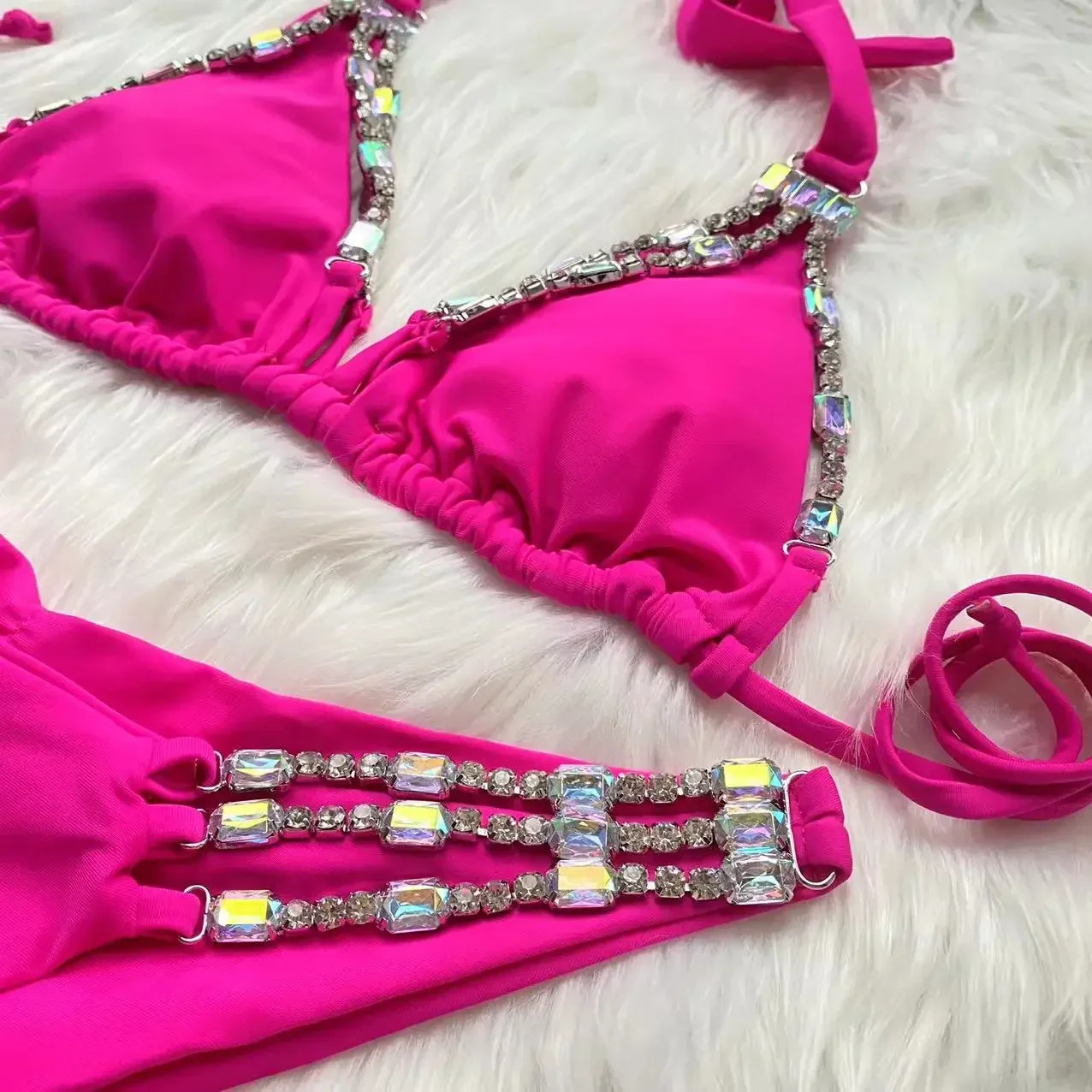 Rhinestone Bikini Women Sexy Pink Diamond Lace Up Halter Swimsuit Metal Chain Beach Bathing Suit Push Up Swimwear 250213