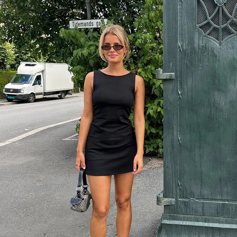 2024 Summer Elegant Dres Clothing Fashion Sleeveless Patchwork Butt Wrap Casual Solid Short Dresses 250121