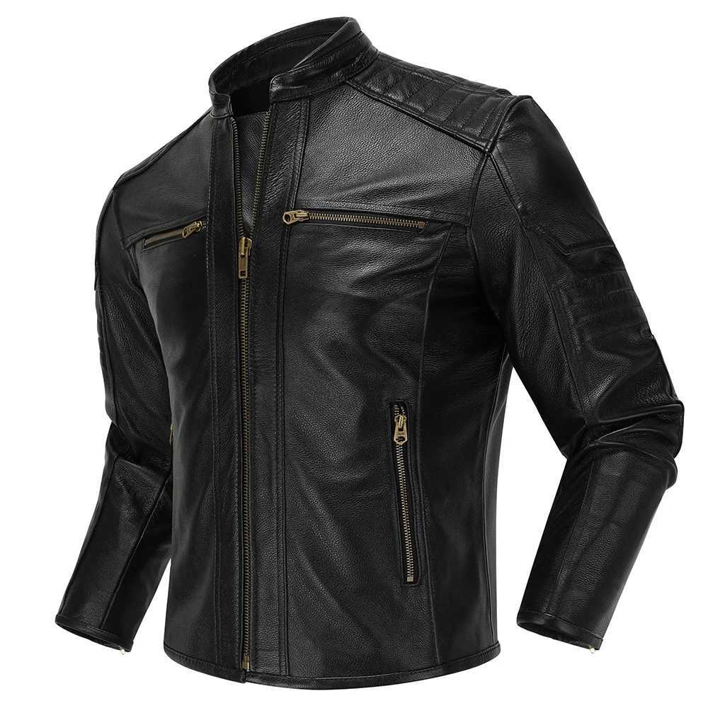 2023 New Motorcycle Causal Vintage Leather Coat Men Autumn Outfit Fashion Biker Pocket Design Top Layer Cow Leather Jacket X250213