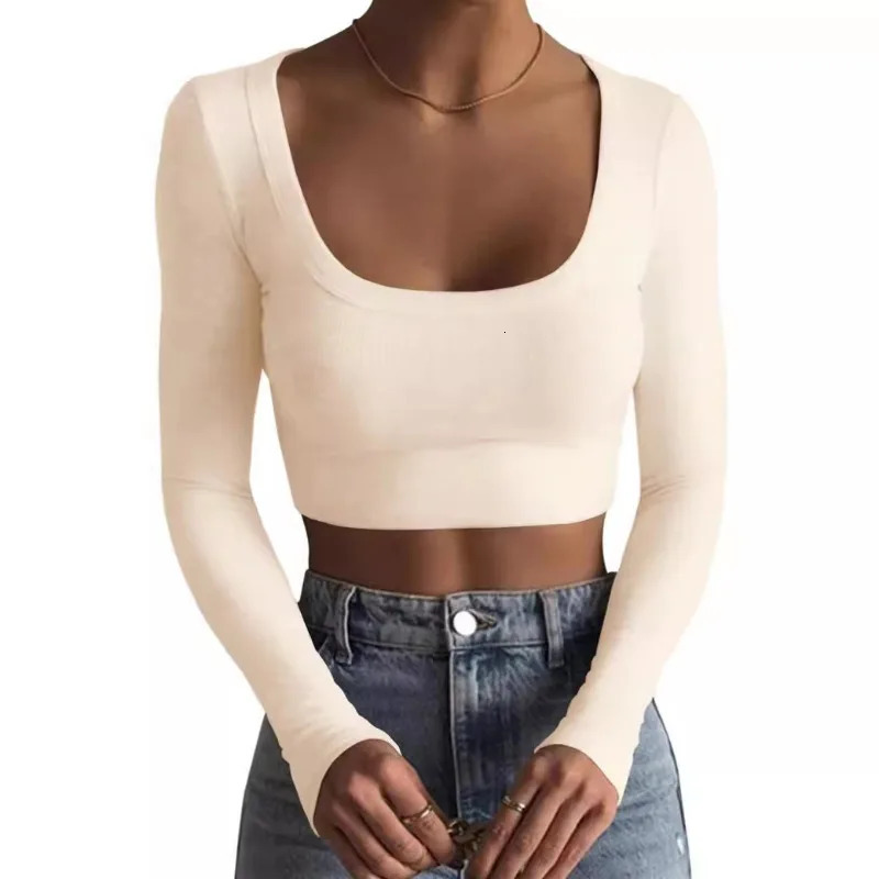 O Neck Long Sleeve Shirt Women Ribbed Sexy Cropped Tops Spring Black Casual Skinny Slim Basic Woman T Shirts White 250211