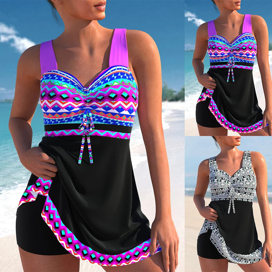 Comfortable Summer Womens Purple Vintage Pattern Printed Sexy Fashion Bow Resort Beach Swimsuit S-6XL 250213