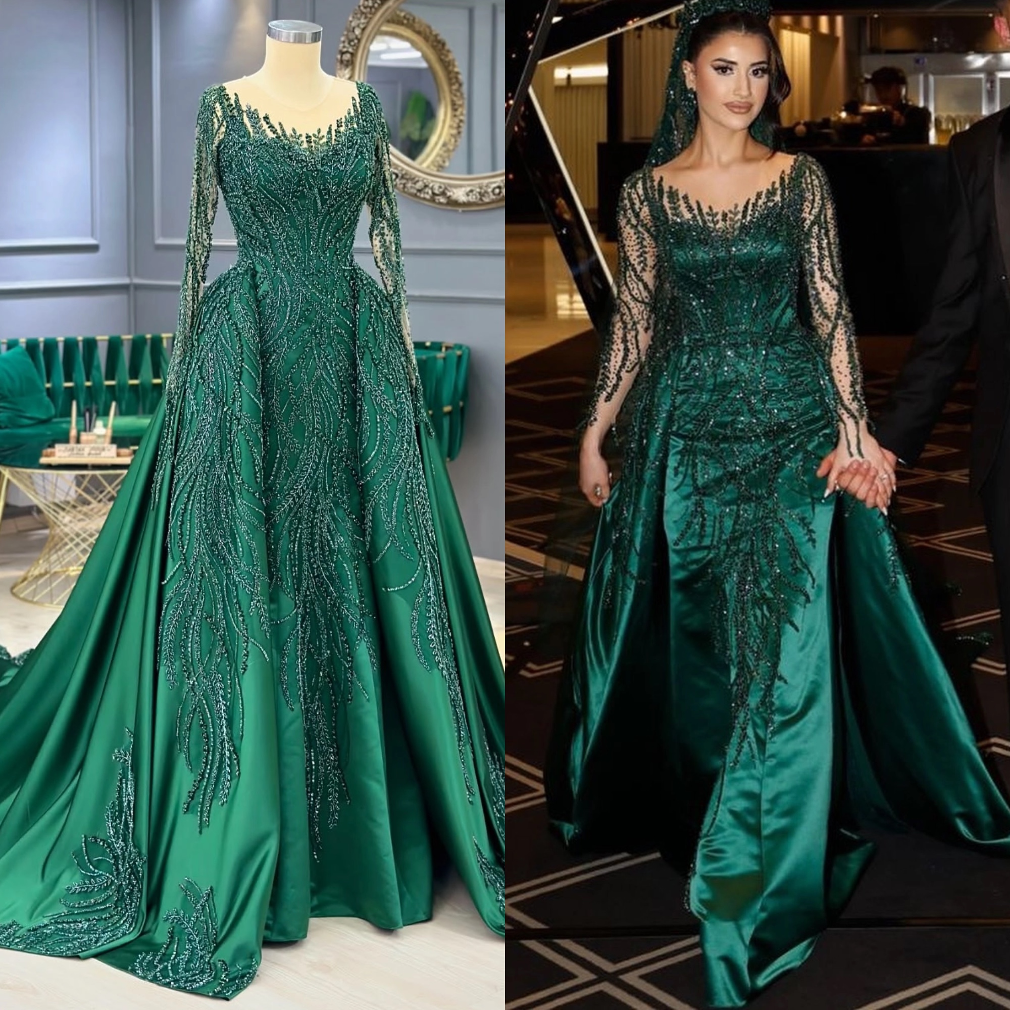 Emerald green beaded Evening Dresses illusion long sleeve gala women satin dresses for special ocns