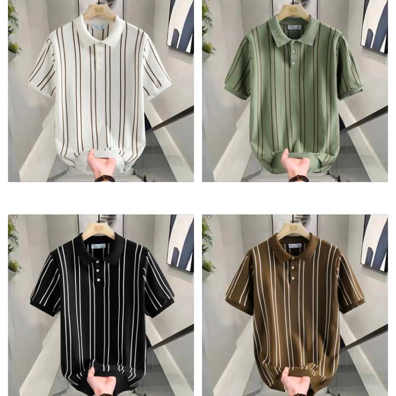 Stretchable Mens Striped POLO Shirt Daily Casual and Breathable Sweat-wicking Knit Short-sleeved T-shirt. X250213