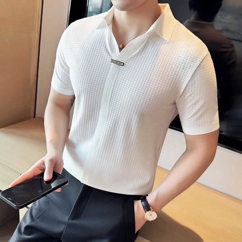 High-Grade Ice Silk Seamless Adhesive Polo Shirt High-Elastic V-neck Thin Waffle Short-Sleeved Shirt T-shirt X250213