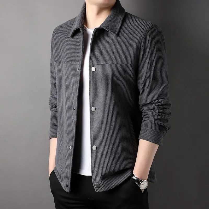 Autumn New Neck Corduroy Jacket Mens Solid Button Pocket Korean Youth Fashion Business Casual Work Coat Long SLeeved Top X250213