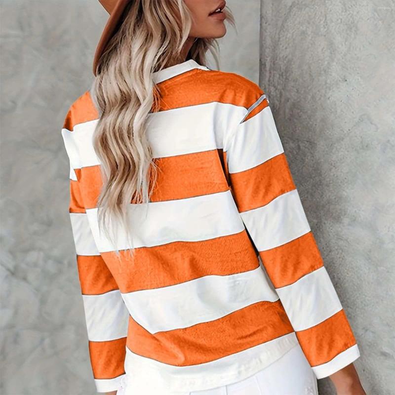 Womens T Shirts Women Striped Print Long Sleeve Blouse Autumn Round Neck Sweatshirt Casual Basic Tops Streetwear Pullover Shirt For