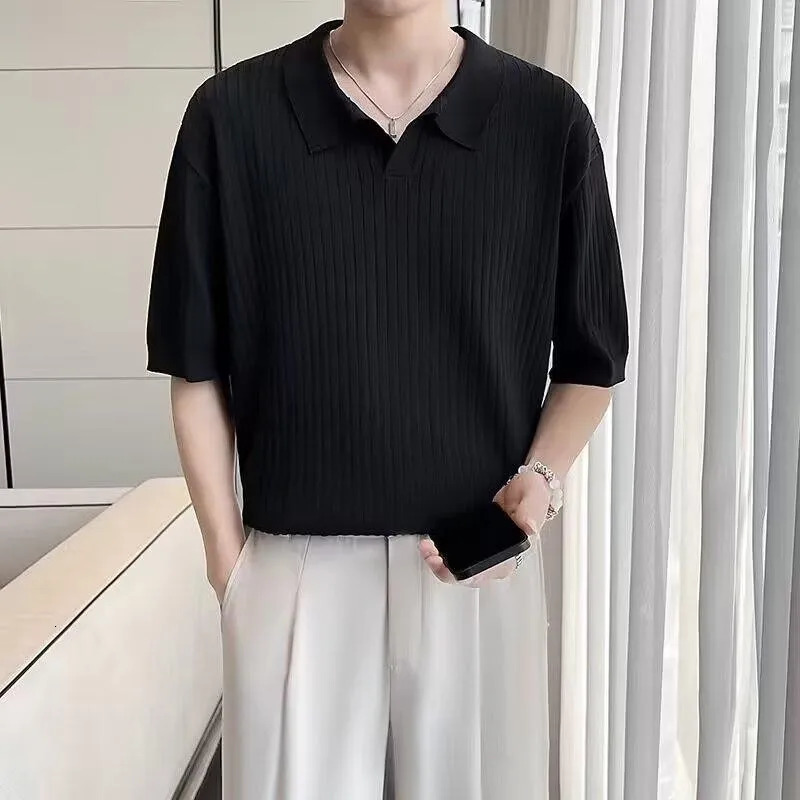 Summer Clothing Mens Light Knitted Solid Color Polo Shirt Fashion Striped V-Neck Short Sleeve Leisure Fashion Knitwear 250208