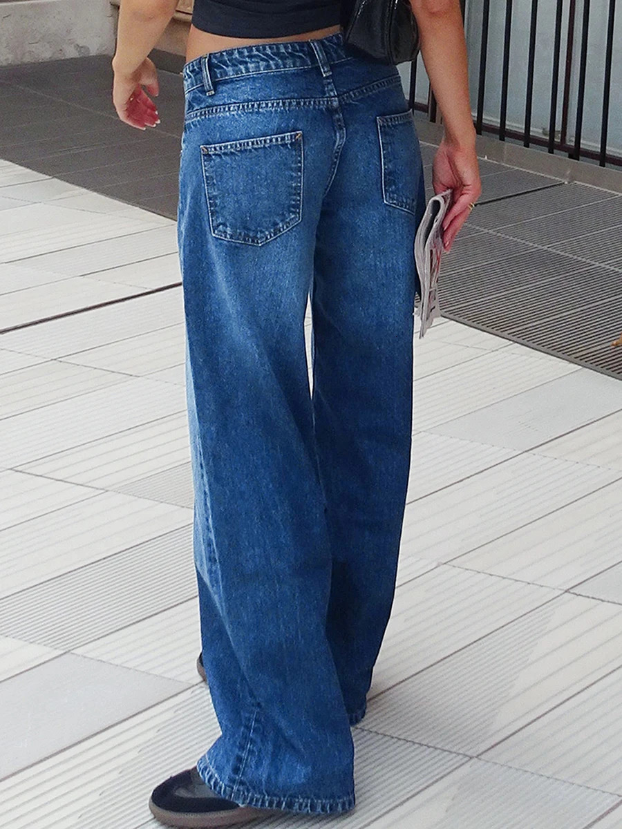 Womens Low Rise Jeans Wide Leg Trousers with Multi Pockets Oversized Length Buttons and zip Washed Denim Pants 250121