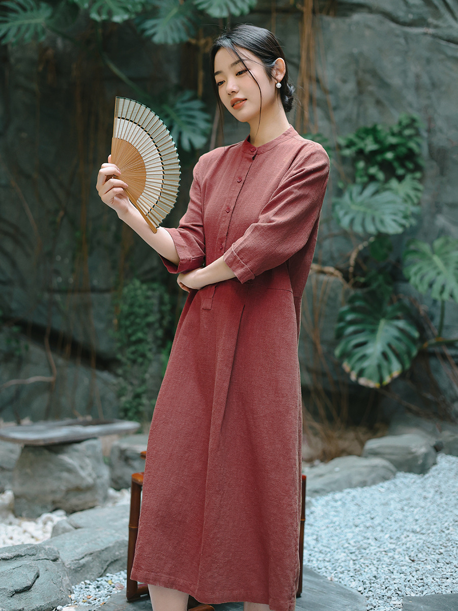 Y4120 women's clothing 2025 spring new high-end dress female solid color new Chinese retro ladies temperament long skirt