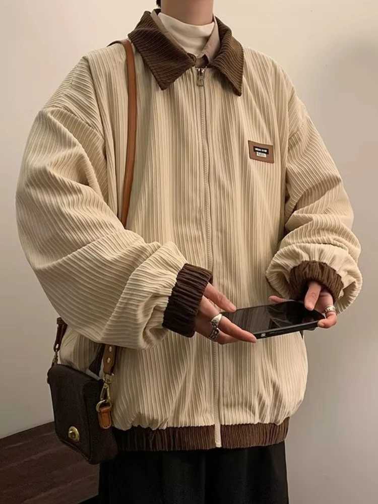 Mens Jackets Contrast Color Vintage Hong Kong Style Loose Leisure All-match Cozy Lapel Teens Streetwear Youthful Warm Classic X250213