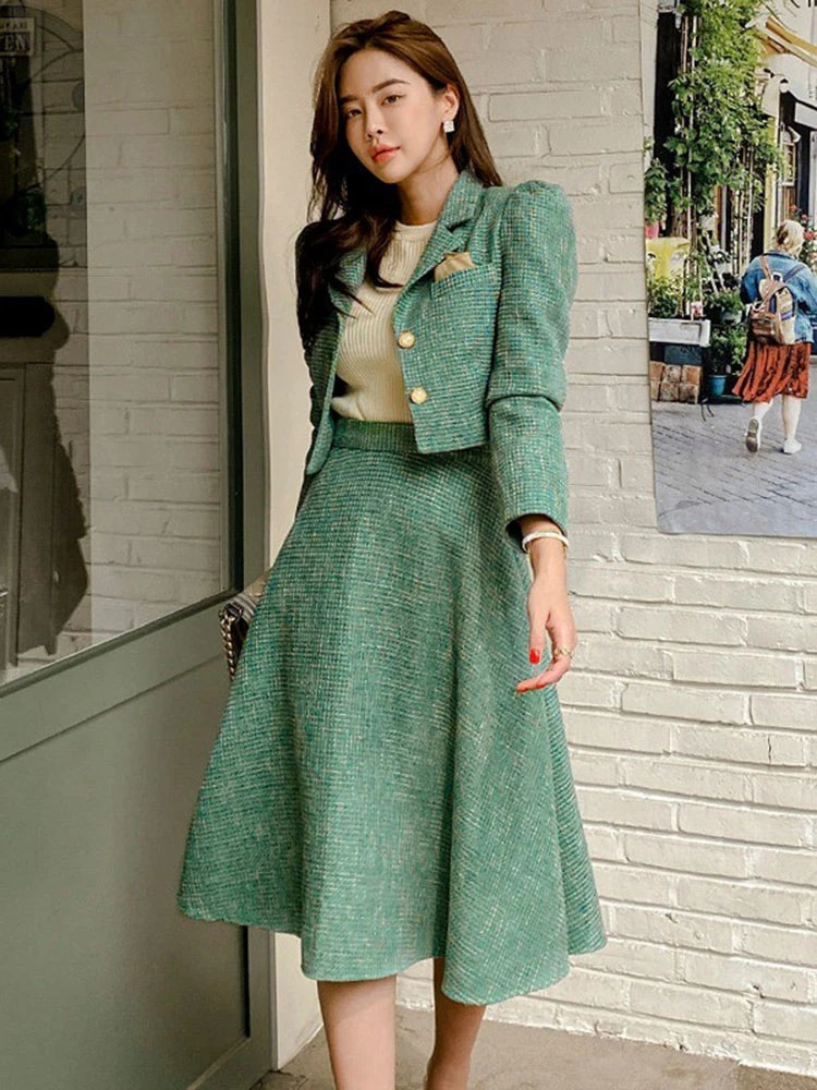 Fashion Women Office Outfit Stripe Vintage Lady Single Breasted Short Blazer Coat Suit Jacket High Waist Midi Skirt 2 Piece Sets 250213