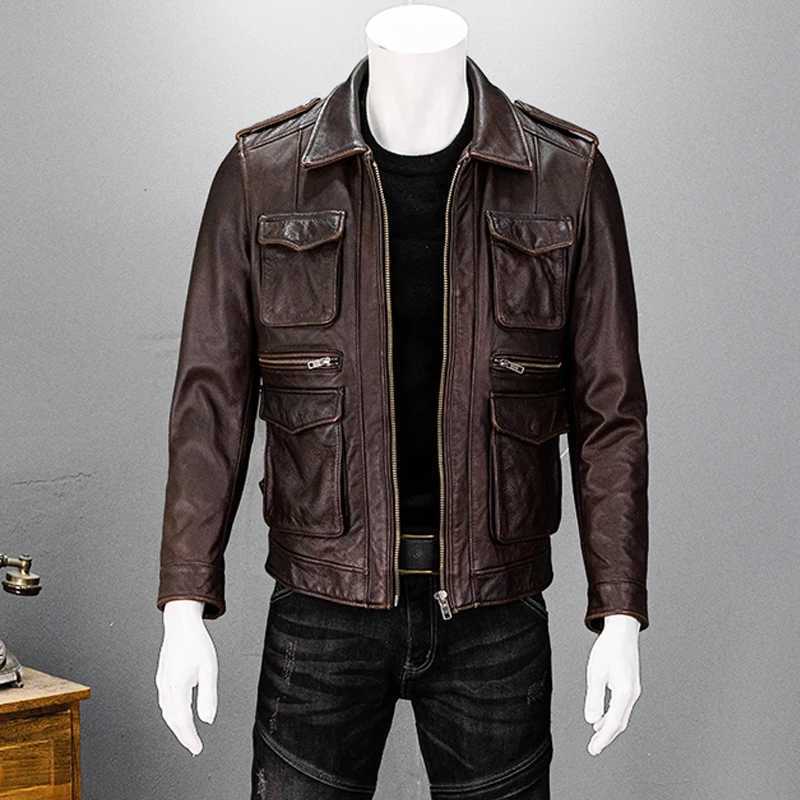 Retro reddish brown autumn leather jacket mens hunting style Plus size 6XL natural denim four pocket leather coat X250213