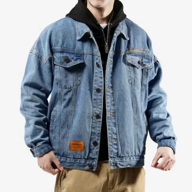 Blue With Embroidery Button Autumn Mens Denim Jacket Gray Male Jean Coats Low Price Elatic Loose Y2k Korea Cowboy X250213