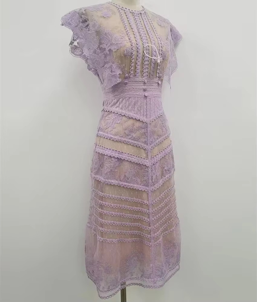 2024 New Fashion Purple Lace Midi Dress Vintage Women O Neck Sleeveless Embroidery Wer Hollow Out Slim Party Vestidos