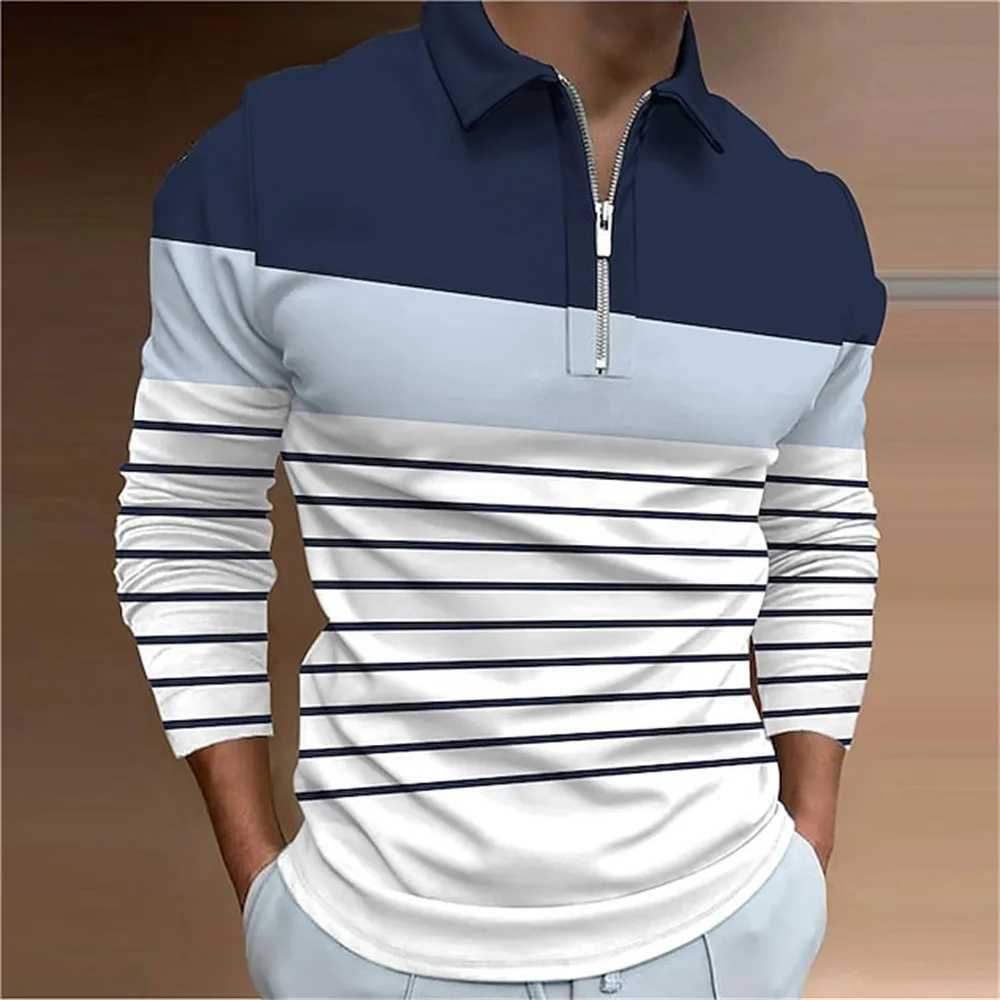Long Sleeve Zipper POLO Shirt Men 3D Printed Lines Classic T-shirt Spring Autumn Business Casual Oversized Lapel Clothing X250213