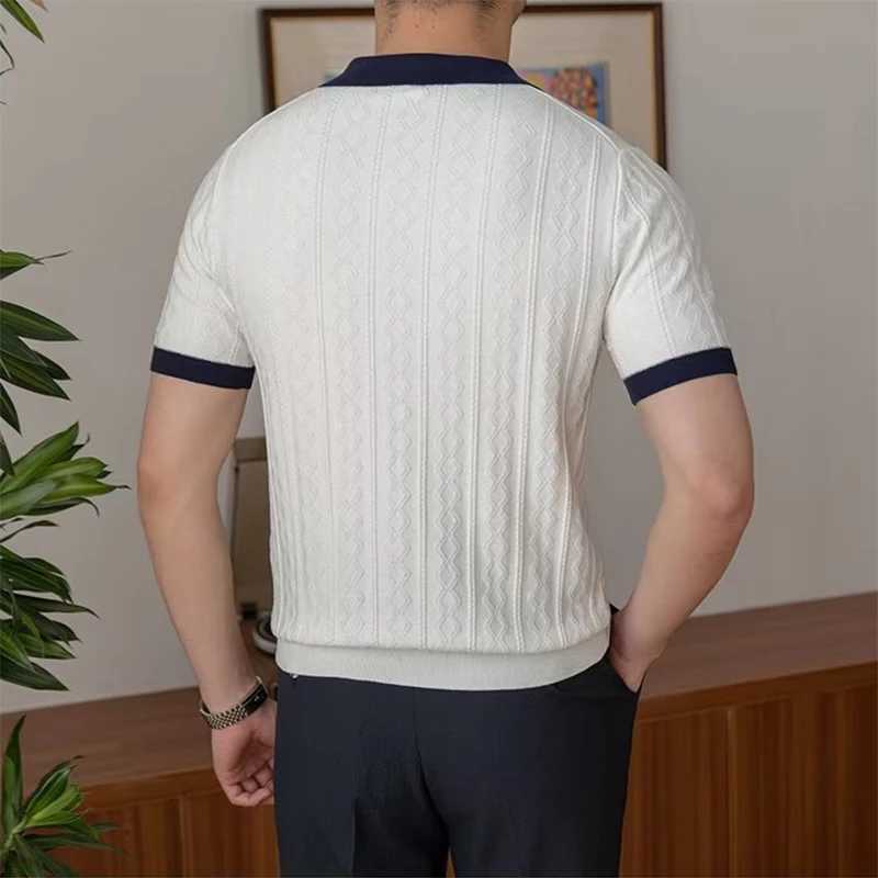 Luxury Rhomboid Crochet Polo Shirt Men Summer Slim Fit Knitwear Casual Polo Collar Shirts Short Sleeve Mens Fashion New T-shirts X250213