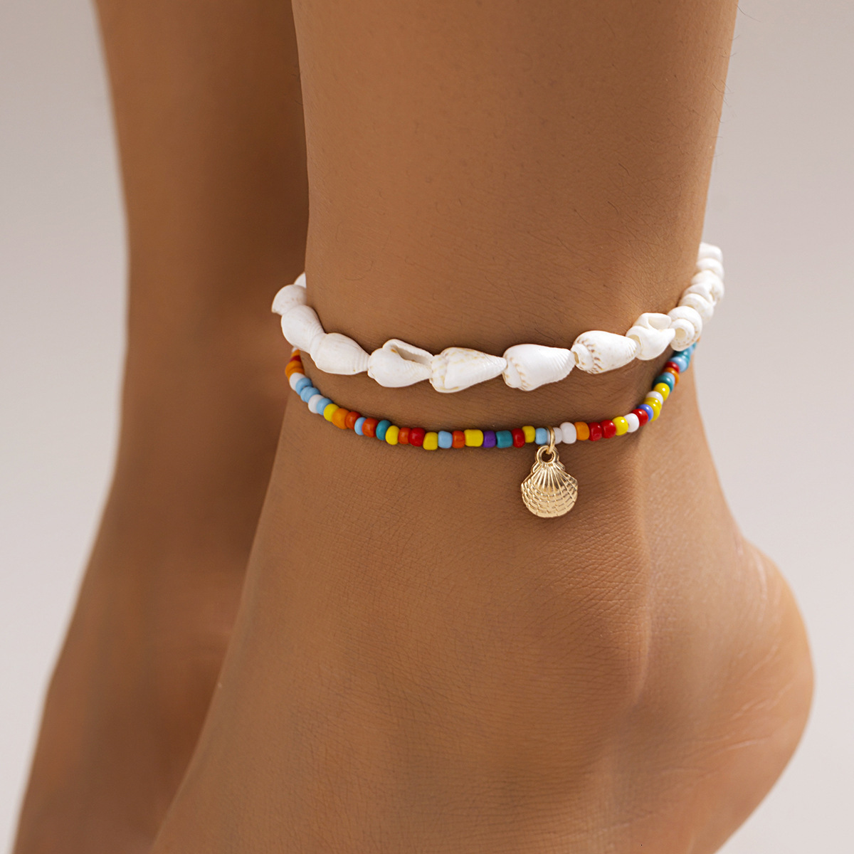 fashion Bohemian Shell Conch designer Set Ankle Chain Small Metal Versatile Rice Bead Anklet Woman