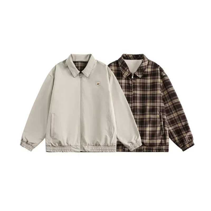 Winter Vintage Plaid Zipper Reversible Jacket For Men Autumn Lapel Baseball Uniform Y2K Streetwear Outerwear Bomber jackets X250213