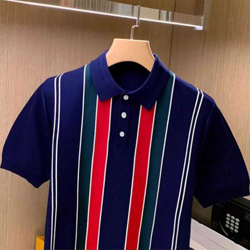 Luxury Striped Knitted Mens Polo Shirts Fashion Contrast Color Short Sleeve Slim Polo Tops Men Summer Vintage Button Lapel Polo X250213
