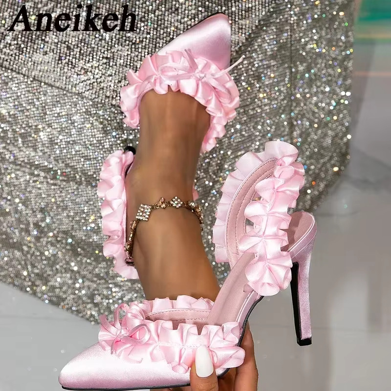 Aneikeh 2025 Spring Pink Silk Butterfly-Knot Pointed Toe Women Pumps Sandals Sexy Stiletto High Heels Banquet Prom Shoes