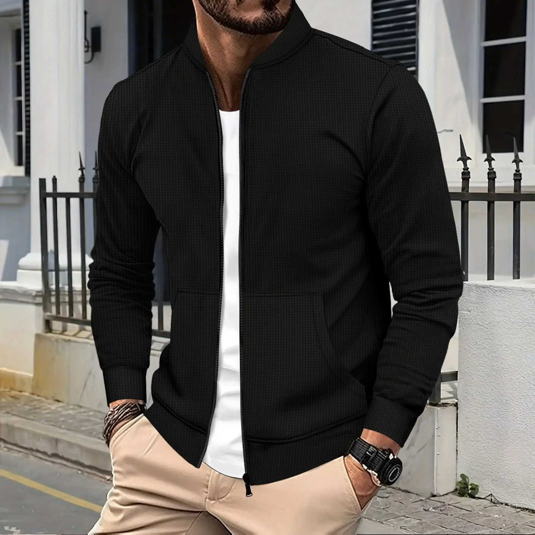 2024 Mens fall/winter new fashion comfort Waffle solid color zipper baseball jacket pocket long sleeve outdoor sports coat X250213