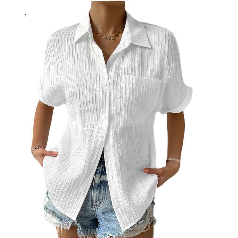 Cardigan 2025 patchwork pocket solid color temperament lapel raglan shirt short sleeved women's new casual versatile fashion clothing