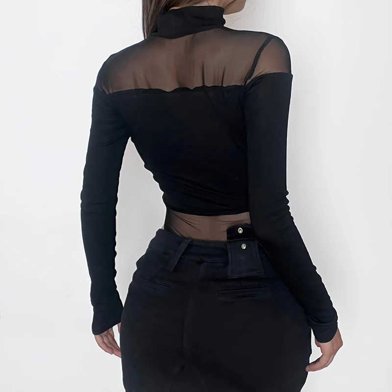 CIBBAR Black Hollow Out Bodysuit Mesh Patchwork Solid Full Sleeve See Through Bodycon Jumpsuit for Women Club Party Outfits Lady 250211