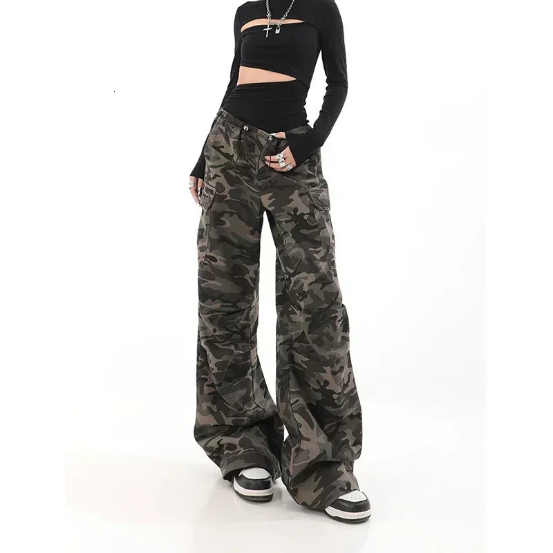 American Retro High Street Casual Overalls Camouflage Loose Wide Leg Pants For Women Y2k Hiphop Cargo Grunge Baggy Trousers 250121