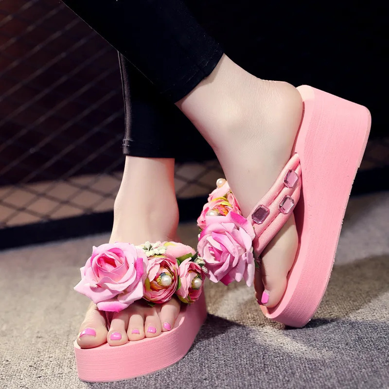Platform Sandals 2024 Summer Fashion Women Flip Flops Wedge Beach Slides Flower Pearl Ladies Outside Thick Sole Bohemian Sandals 250122