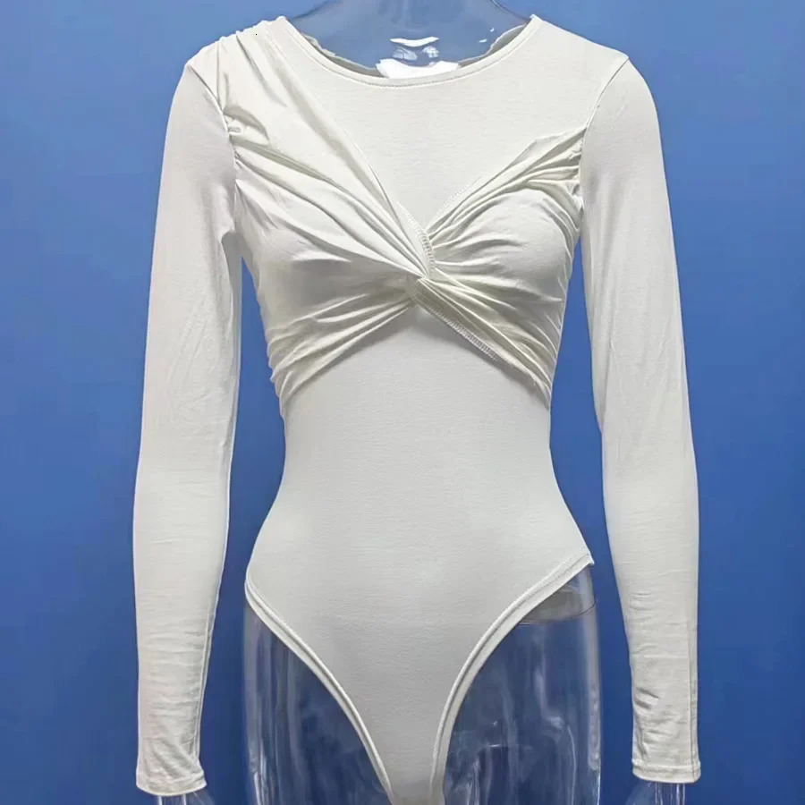 Spring Fashion Long Sleeves Rompers Women Solid Color Bodysuit Jumpsuit Sleeve Knot Top Female Summer 250211