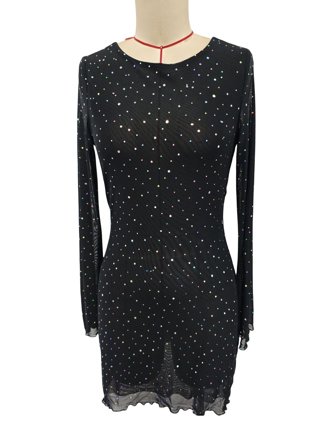 S1220 New elegant ladies black mesh sequins backless slim fit long sleeve dress