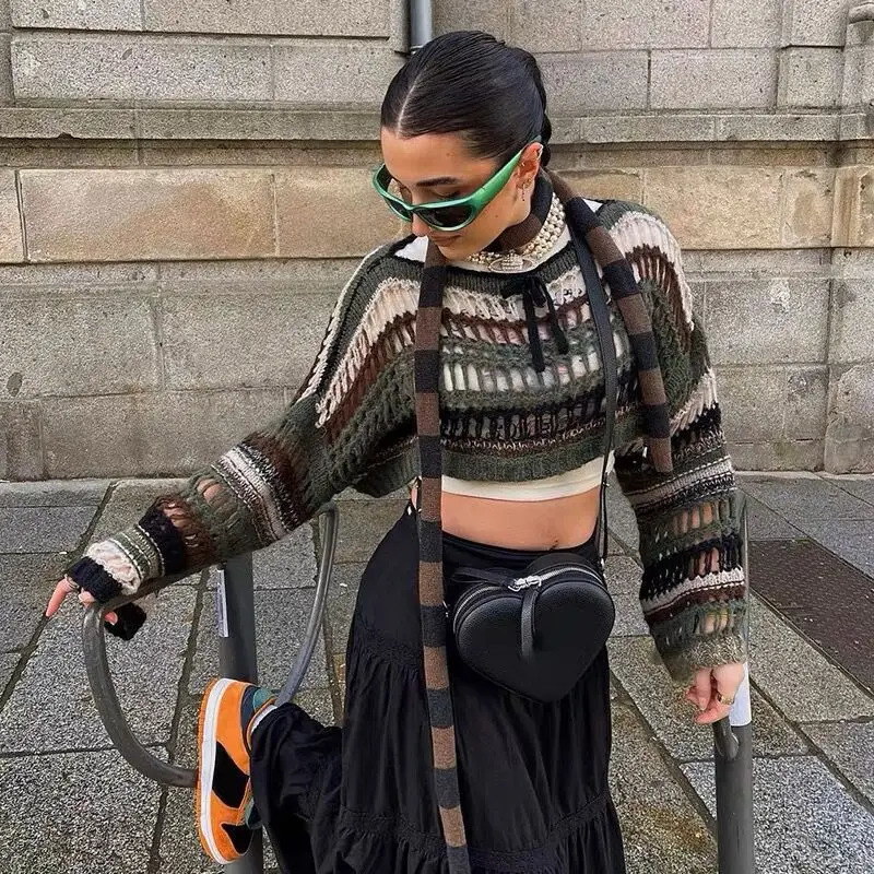 Y2k Hollow Out Pullovers Women Thin Summer Sexy Smock Outerwear Sweaters Harajuku Panelled Cropped Clothing American Retro Fit 250210
