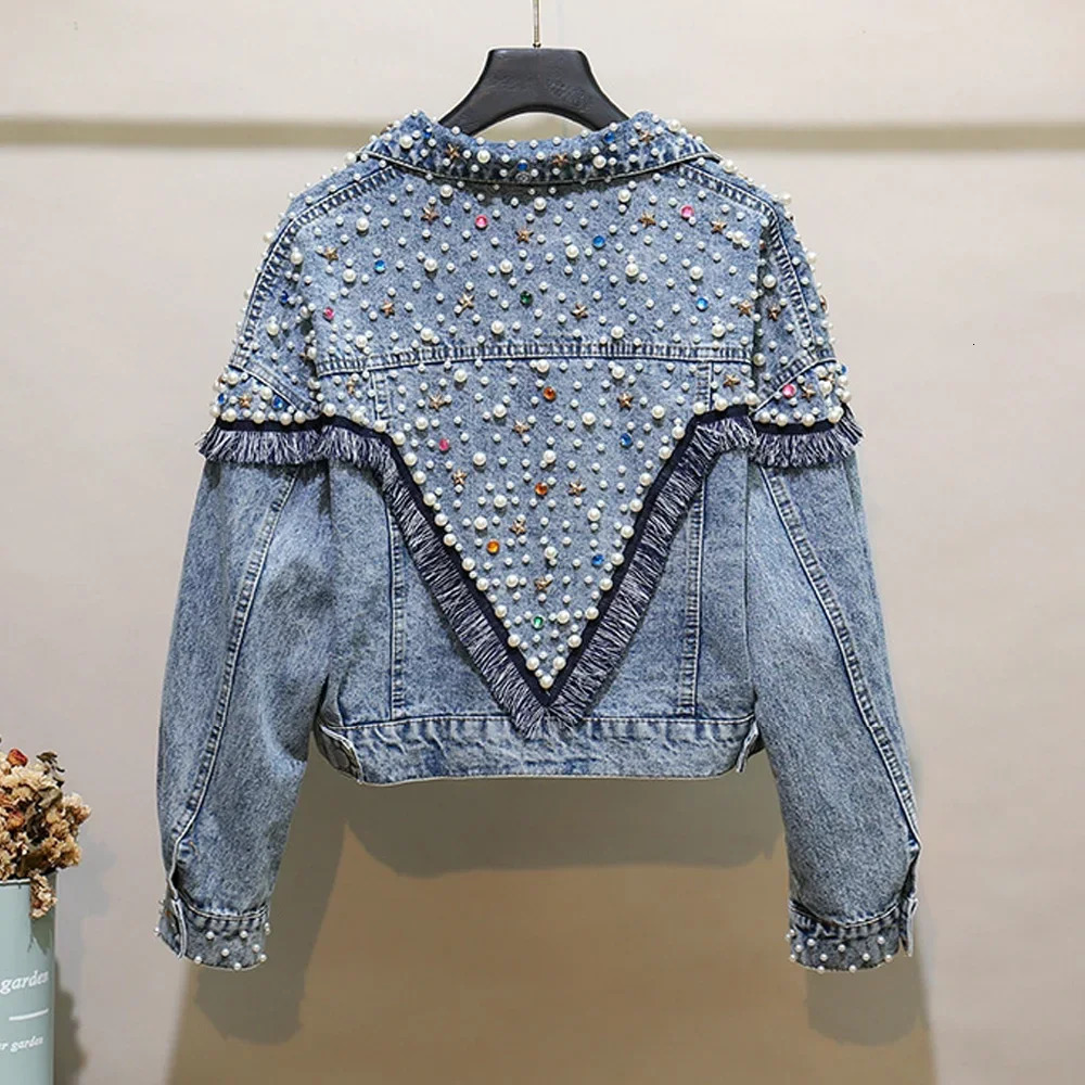 Whole sale woman jean jacket denim pearl beaded diamond long sleeve coat ladies denim jacket women 250213
