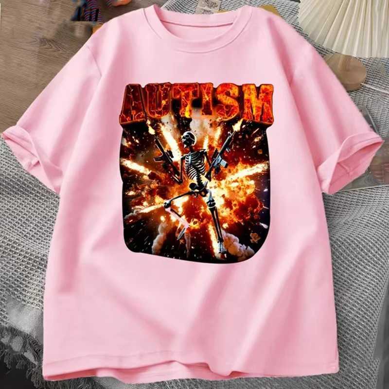 Autistic Funny Skeleton T-shirt Womens Autism Edgy Skeleton Meme T-shirt Casual Short Slip T-shirt Round Neck Dress X250213