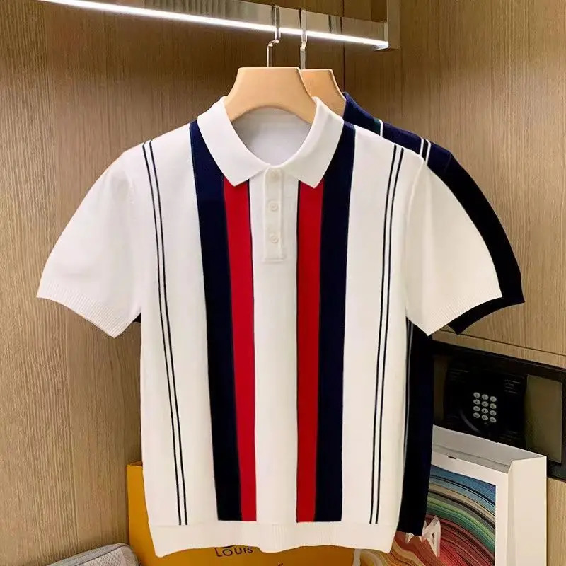 High Quality Summer Mens Knitting Short Sleeve T-Shirt Men Casual Button Fashion Top Fashion Polo Shirt 250208