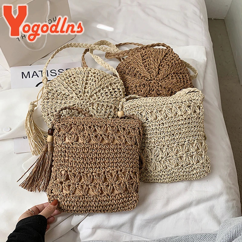 Yogodlns Bohemian Straw Bag Women Casual Travel Beach Bags Fashion Handmade Shoulder Bag Kintted Crossbody Bag Tassel Handbag 250207
