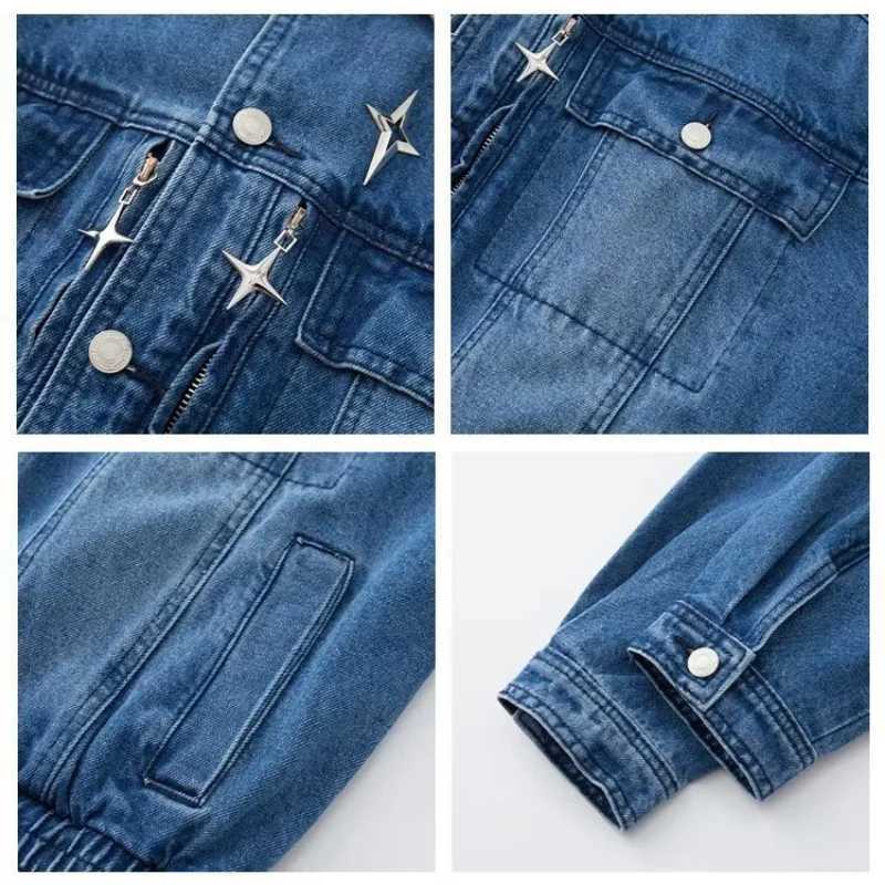 Mens Clothing American Vintage Blue Denim Jacket Loose Outwear Men Wide Shoulder Short Jeans Coats Casual Pockets High Streetwear X250213