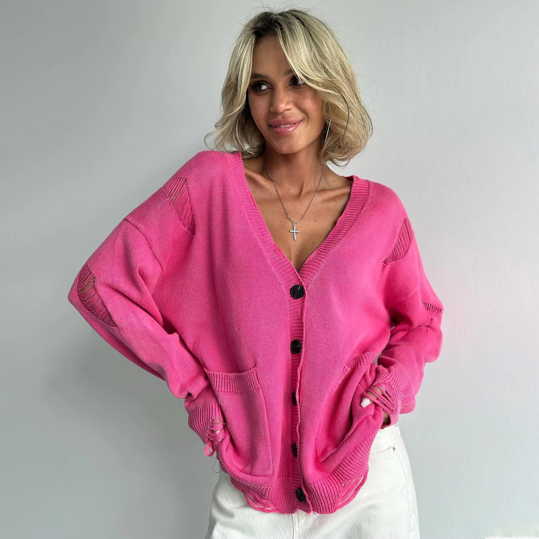 2025 New Hole Retro Vintage Button Knitted Cardigan Women Oversized Soft Tops Autumn Female Fashion Loose Fit Causal Sweater