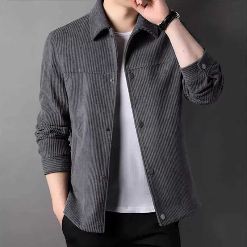 Autumn New Neck Corduroy Jacket Mens Solid Button Pocket Korean Youth Fashion Business Casual Work Coat Long SLeeved Top X250213