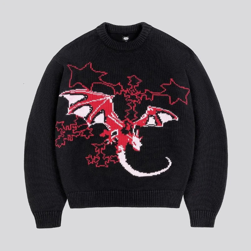 Y2K Mens fashionable pullover Harajuku Round Neck loose Streetwear Gothic HipHop Cartoon Flying Dragon Pattern embroidery Sweater 250211
