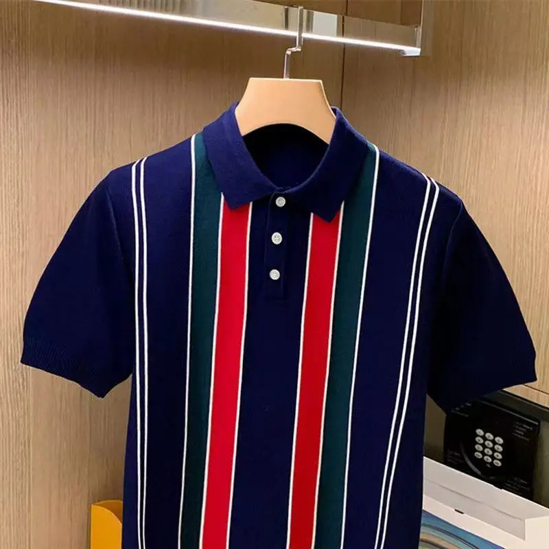 High Quality Summer Mens Knitting Short Sleeve T-Shirt Men Casual Button Fashion Top Fashion Polo Shirt 250208