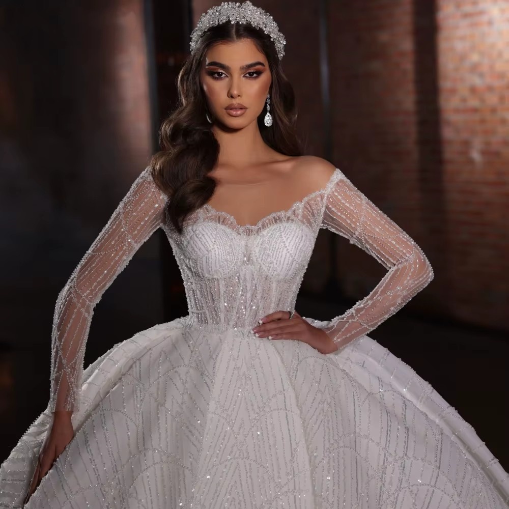 Ball Gown Wedding Dress For Women Scoop Neck Long Sleeves Bridal Gowns Sequins Sweep Train Dresses Custom Made vestidos de novia